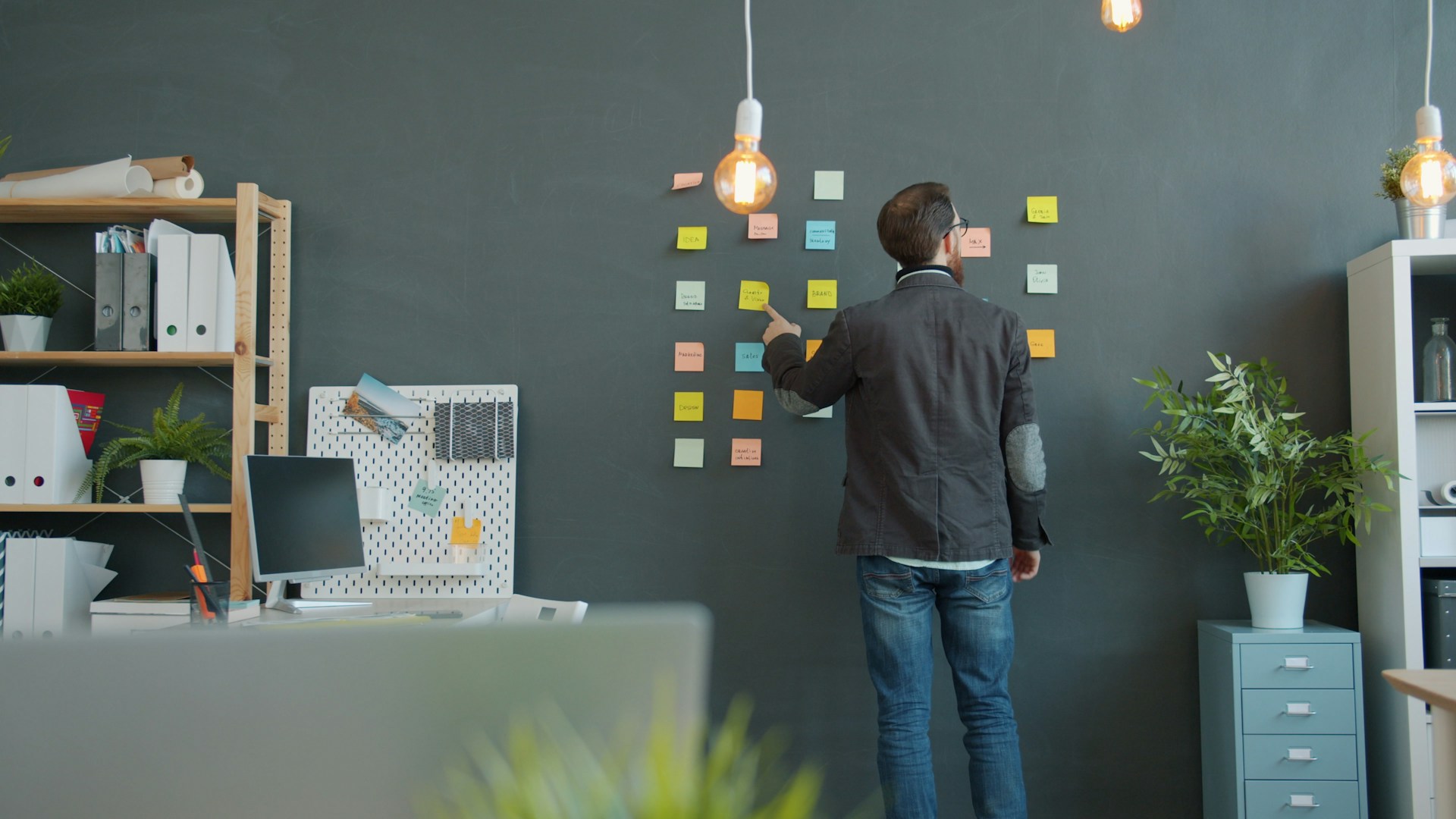 Uomo davanti a una parete con dei post-it