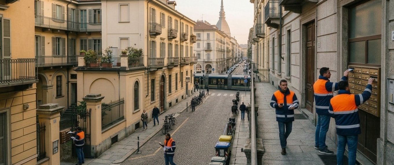 Operatori che distribuiscono volantini in una via di Torino