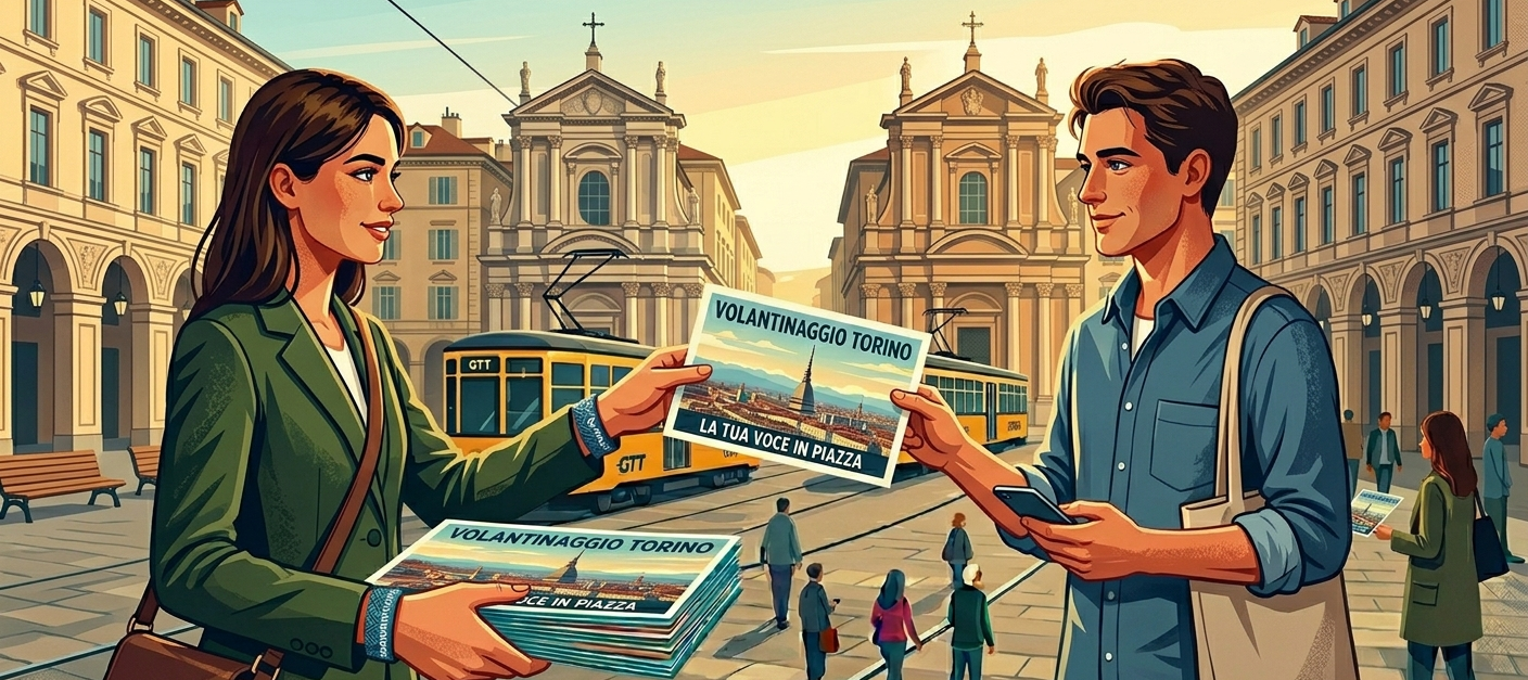 Immagine con un'operatrice consegna volantino a un passante