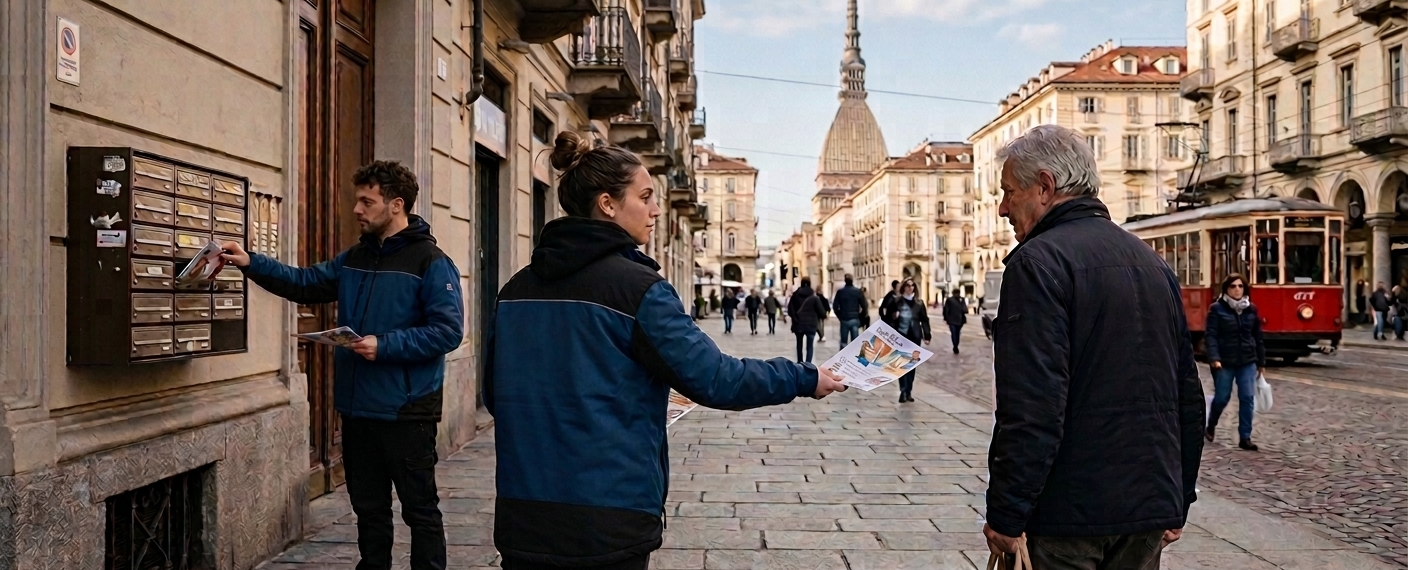 Team di volantinaggio in giacca blu e nera al lavoro a Torino con la Mole sullo sfondo.