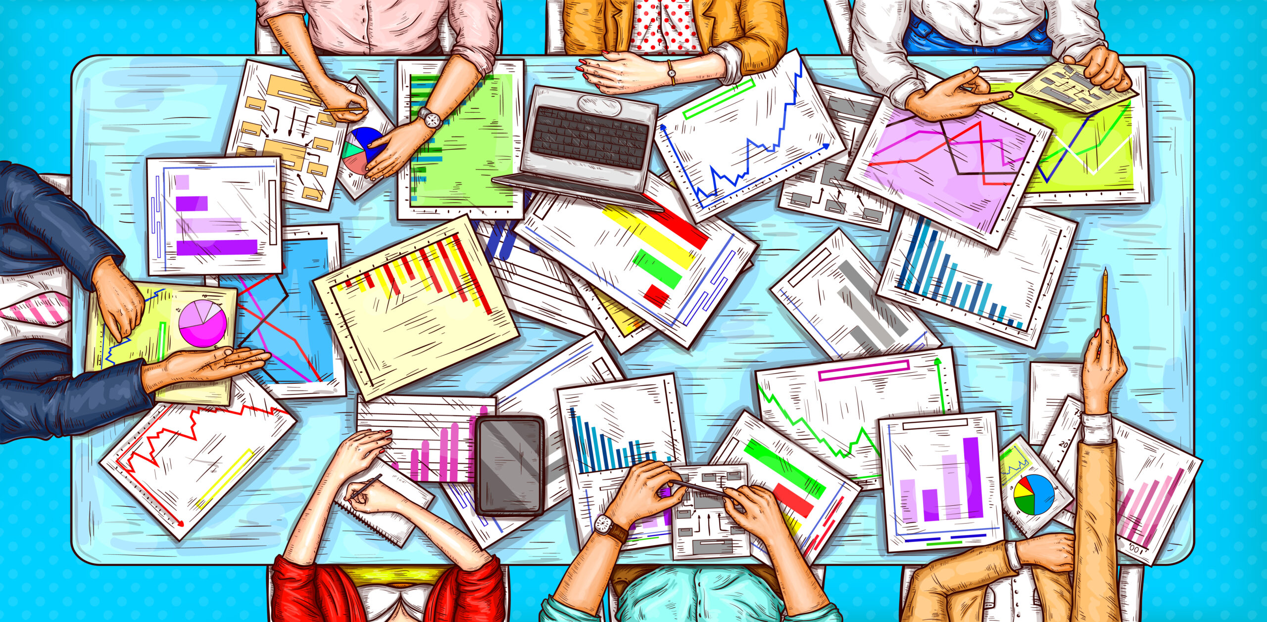 Illustrazione con più persone alla scrivania, tra computer, tablet e fogli ricchi di dati