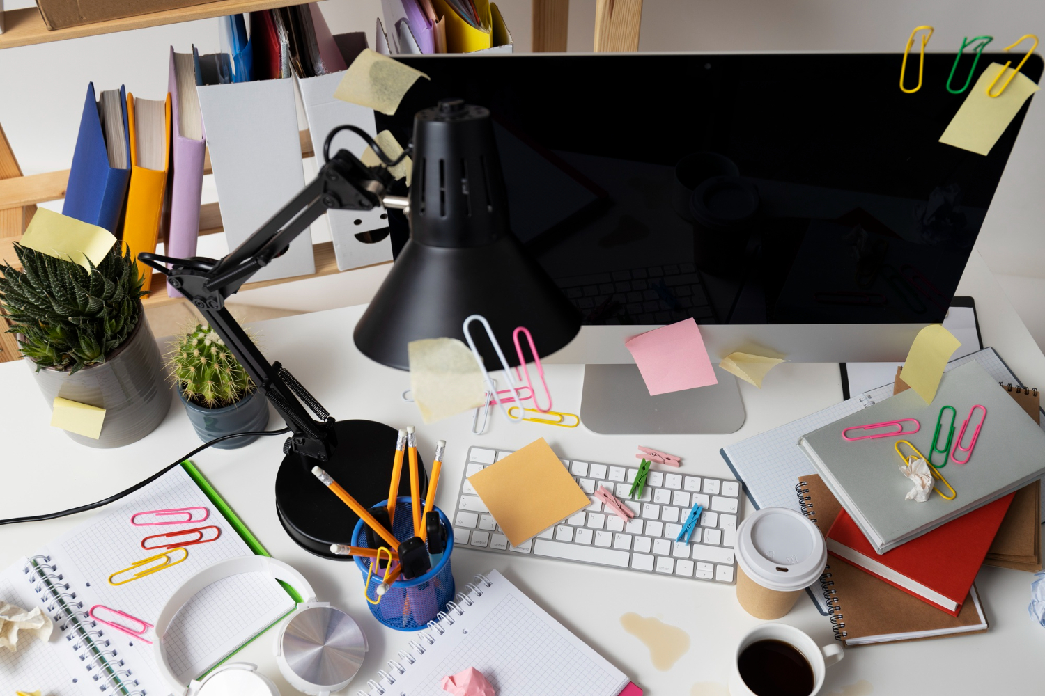 Scrivania con monitor, tastiera, post-it, matite, quaderni e graffette